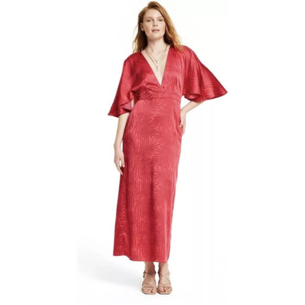 FE NOEL Coral Pink Palm Leaves Butterfly Sleeve V-Neck Maxi Dress Size 22 - NWT